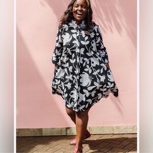 Zuri Kenya Umbra Dress Cotton Trapeze White Black Long Sleeve 2X